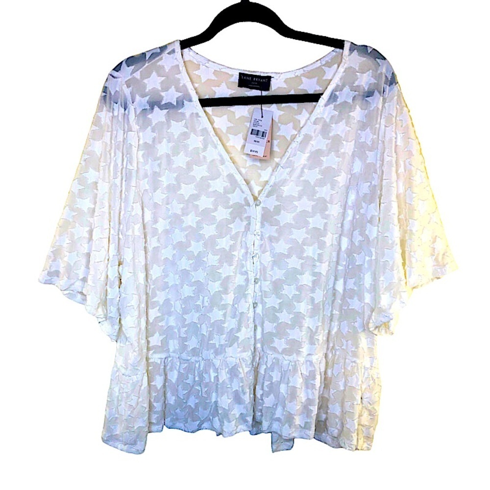 NWT LANE BRYANT CLASSIC FLUTTER-‎ SLEEVE V-NECK PEPLUM WHITE BLOUSE Size:22/24